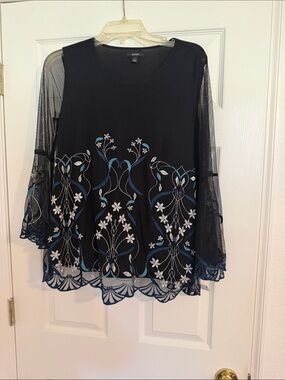 NWT Alfani Black Top with Blue & White Floral Embroidery